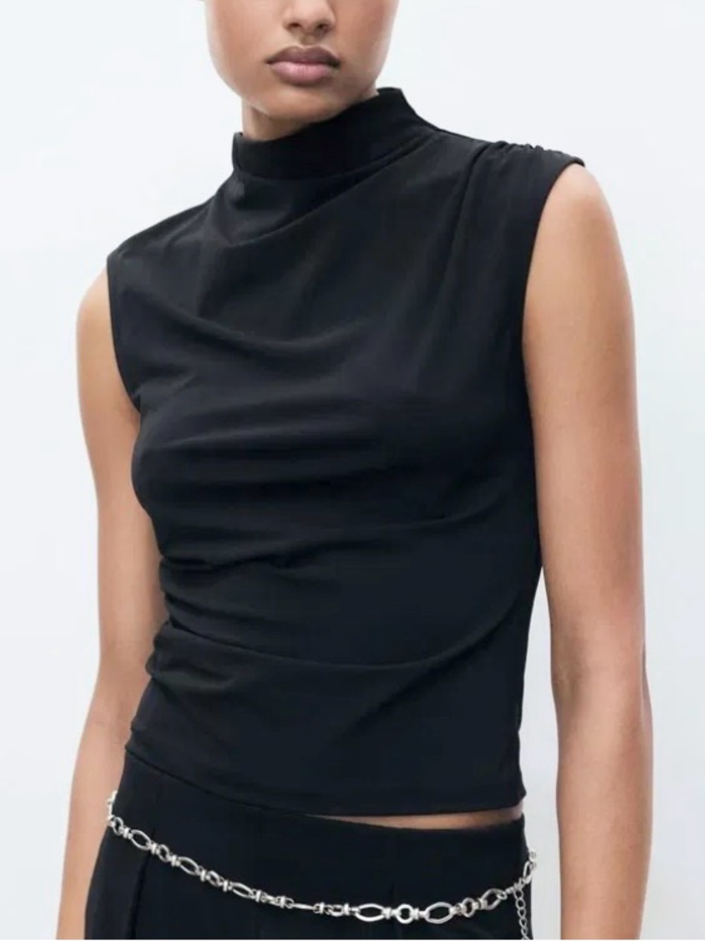 Mango- Leo Drape Neck Top. Black. Size: Small